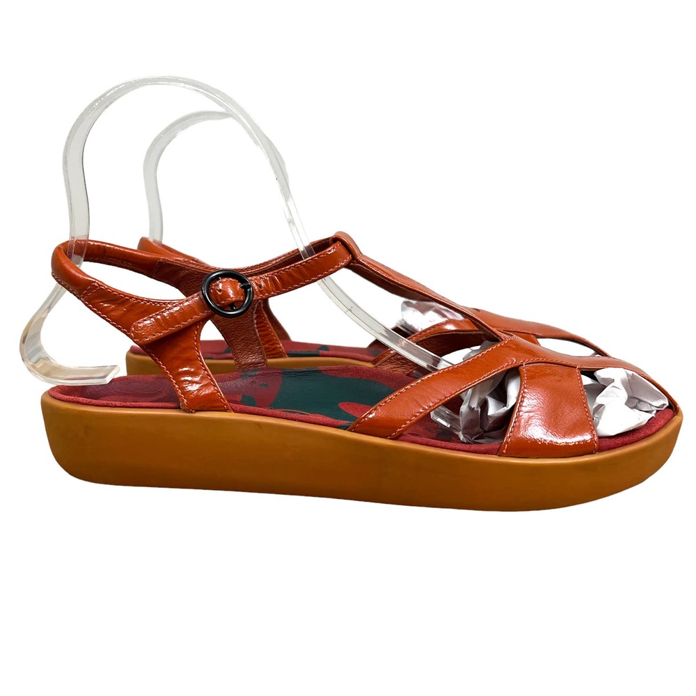 Camper Sandal Orange Patent Leather Low Wedge Slingback Ankle Strap Women Sz 40